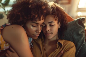 Sad biracial lesbian couple embracing and comforting, on couch in sunny living room, copy space. Depression, mental health, support, care, gay, relationship, togetherness and domestic life, unaltered. - Powered by Adobe