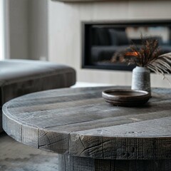 Close-up of a rustic wooden coffee table with decorative vases in a cozy living room.
