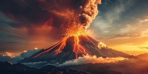 Fototapeta premium Volcano eruption with smoke and ash in the sky 3d illustration 