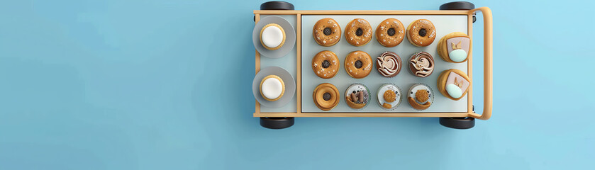 Fototapeta premium Pastry service trolley flat design, top view, contemporary theme, 3D render, complementary color scheme