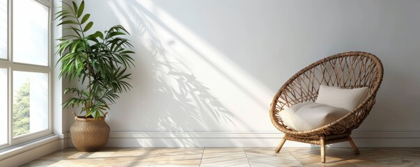 Simple interior with wicker furniture and potted plant