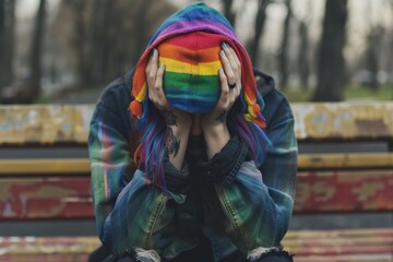 Sad lesbian woman with LGBTQ rainbow tattoo covering her head with hands and sitting on the park bench alone. Concept of sadness and pain for homosexual discrimination. Mental crisis, depression.