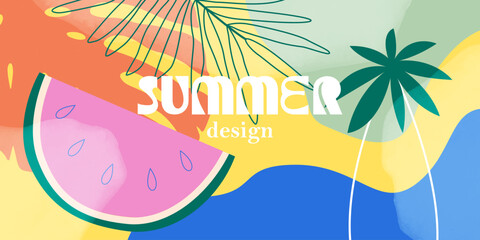 Summer abstract background. Bright colorful modern branding concept. Sale, ads, poster, card template. Exotic tropical plants, leaves.