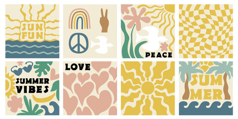 Summer retro groovy posters, cards, prints set.  Palms, sea, hearts, flowers. Hippie style.
