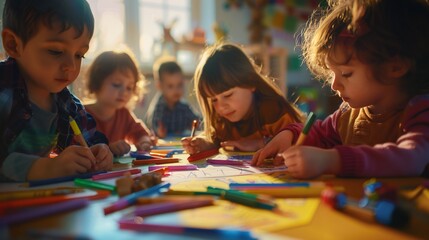 Kindergarten playtime becomes a canvas for friendship and creativity as children draw together.