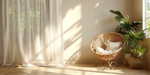 Simple interior design with wicker furniture and sunlight
