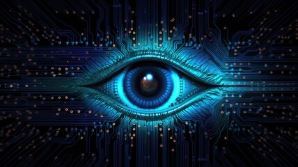 Technological eye with circuit board patterns. Cyber security and artificial intelligence theme. Design for digital identity, futuristic technology. Close up of eye surrounded with microchip. AIG35.