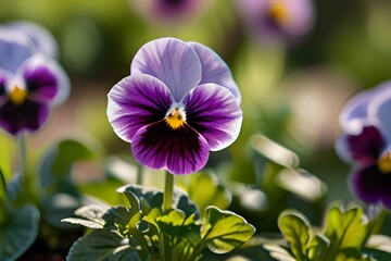 Flowering purple pansies in the garden in sunny day. Natural summer background with soft blurred focus. Generative AI 