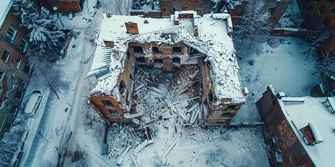 The building's roof crumbled due to the snow's heaviness, seen from a UAV.