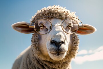 Funny Sheep Face wearing black sun Glasses seeing in Camera edited Image with Blurred Background and Sky Animal Image. - Powered by Adobe