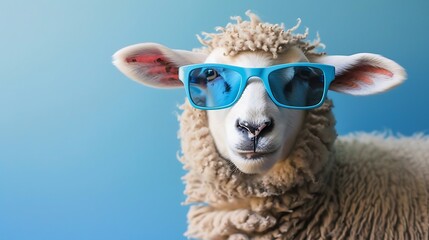 Fototapeta premium Funny white sheep wearing blue sunglasses on blue background