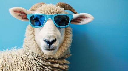 Funny white sheep wearing blue sunglasses on blue background