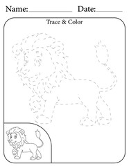 Obraz premium Lion Printable Activity Page for Kids. Educational Resources for School for Kids. Kids Activity Worksheet. Trace and Color the Shape
