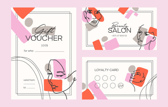 Design of beauty salon gift voucher in minimal style. Template of loyalty card for stamps. Woman faces of continuous thin lines, curves, outline portraits on spa coupon. Flat vector illustrations