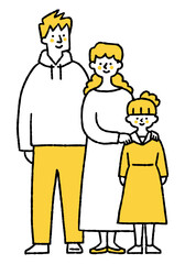 Family of three, mother and father with hand on daughter's shoulder