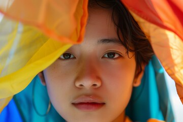Portrait young teen queer transgender Asia people look at camera under colorful stripes flag. Closeup eye face cry sad hiding true self identity in gay LGBT LGBTQIA bisexual mental illness problem.