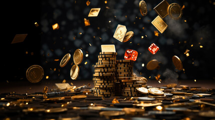 Casino game poker gambling stack of chips on luxury background. Elegant style banner for online casinos and mobile gambling applications, poker - winner, wealth concept. Generative AI