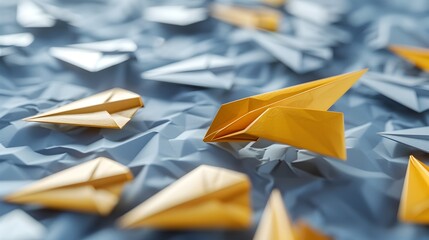 Lone Golden Origami Plane Leads Silver Formation Symbolizing Audacious Leadership and Standing Out...