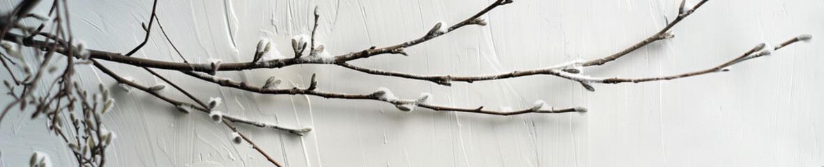 A branch with a few leaves on it is hanging from a wall