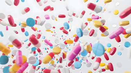 Colorful pills and medcine capsules falling from the sky abstract background