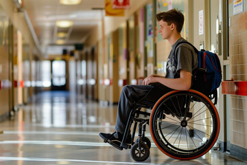 Teenage Boy in Wheelchair Studying in a Quiet School Hallway