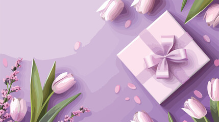 Beautiful tulip flowers and gift box on lilac background