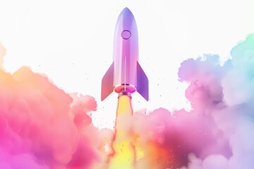 Fototapeta premium Minimal Vibrant Rocket Launch Illustration with Colorful Smoke Trails Ideal for Futuristic and Creative Designs