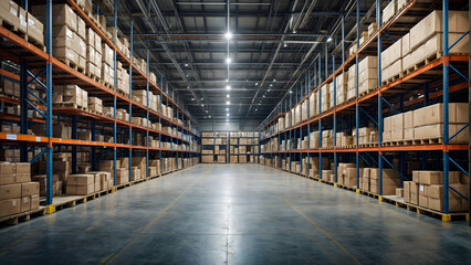 Fototapeta premium A large warehouse with shelves on both sides filled with boxes.