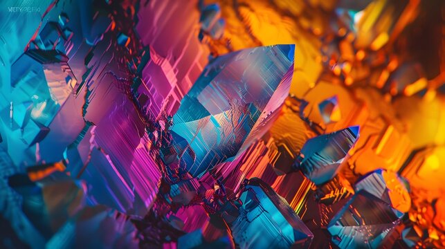 Macro photography of bismuth crystals with iridescent colors and geometric patterns, highlighting intricate details.