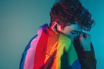 Young adult man wrapped in LGBTQ flag covering his sad face. Homophobia concept