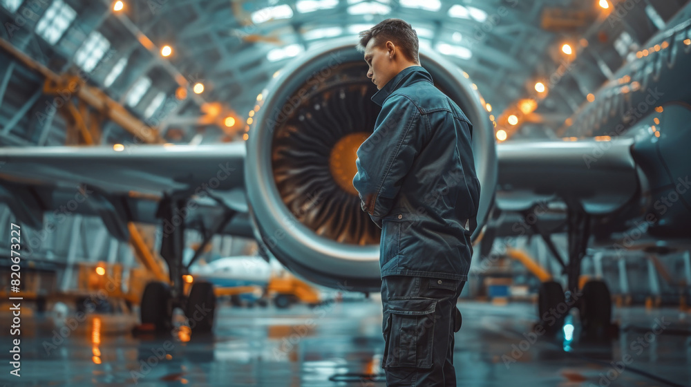 Poster A mechanic doing engine inspection on the plane. Generative AI.