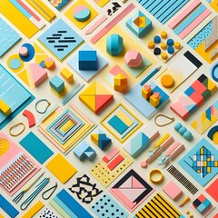 AI Generate of Background texture of Fashion Papers in Memphis Geometry Style. Yellow, blue, light blue, red and pastel pink colors. Top view, flat lay.