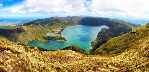 Azores lake panorama landscape - "Lagoa do Fogo" translates to "Fire Lagoon" of São Miguel, Portugal. The cool water of the lake is turquoise.