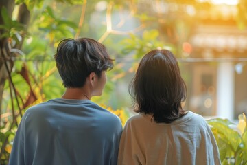 Rear side of coaching take noted and giving consult to Asian LGBTQ lover happiness action after psychologist therapy session success, Psychologist couple and hypnosis, life coach and coaching concept