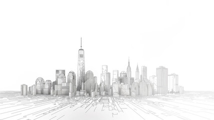 Fototapeta premium A precise black and white line drawing of a modern city skyline
