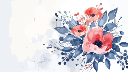 Watercolor flowers red navy blue baby pink bouquet. vector