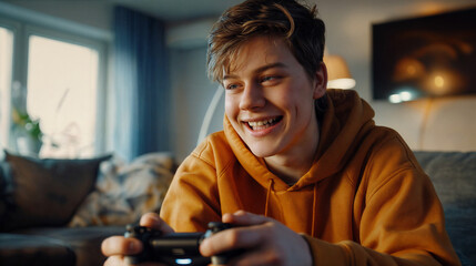 Young smiling man gamer for computer games and game consoles sat in front of the screen. 