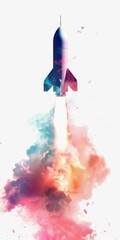 Obraz premium Minimal Vibrant Rocket Launch Illustration with Colorful Smoke Trails Ideal for Futuristic and Creative Designs
