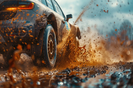 Car rally. The car, taking part in the international rally championship, crosses off-road terrain at high speed, trying to win the race