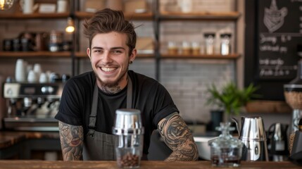 Fototapeta premium Smiling Tattooed Barista at Cafe