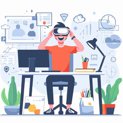 illustration of a man using  VR and experiencing virtual reality simulation 