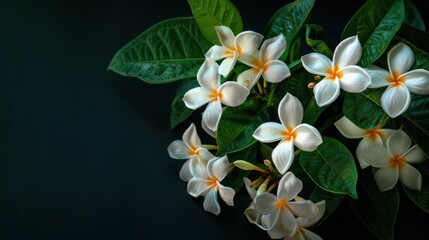 A bunch of orange jasmine with green leaves on the dark background. The bunch of white flower with...