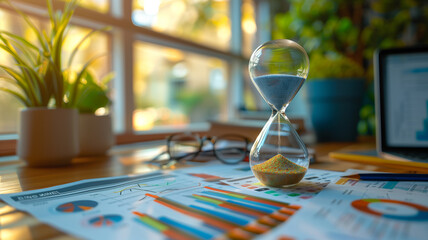 An hourglass placed on a desk with colorful charts, glasses, and a laptop in the background