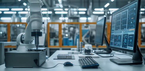 A prototyping lab, with a computer with a CAD software on the screen in the foreground, prototypes on a table in the middle ground, and machinery in the background . Generative AI.