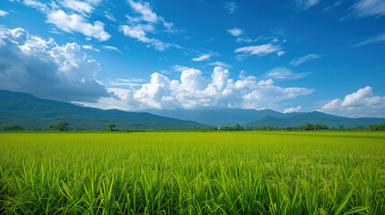 Fototapeta premium A field of green grass with a blue sky in the background