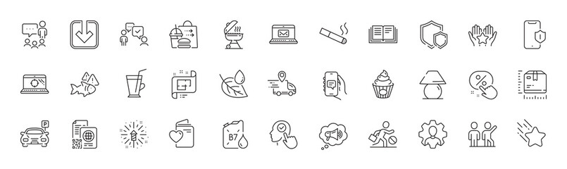 Grill, Qr code and Discount button line icons. Pack of Leaf dew, Load document, Shields icon. Table lamp, Select user, Megaphone pictogram. Professional, Delivery truck, Falling star. Vector