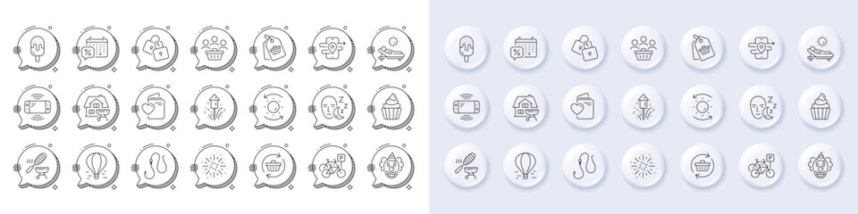 Cupcake, Lounger and Discounts calendar line icons. White pin 3d buttons, chat bubbles icons. Pack of Fireworks explosion, Fireworks, Ice cream icon. Vector