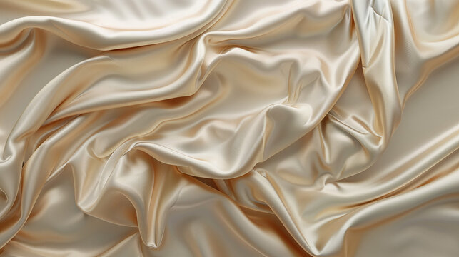 Gros plan sur les plis d'un tissu satin&eacute; beige ou ivoire de type taffetas, soie ou satin