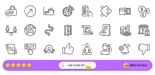 Direction, Equity and Lock line icons for web app. Pack of Loan percent, Open door, Dislike hand pictogram icons. Candlestick graph, Notification bell, Money currency signs. Fitness. Vector