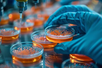 Scientist examines malaria virus on petri dish in laboratory, conceptual image